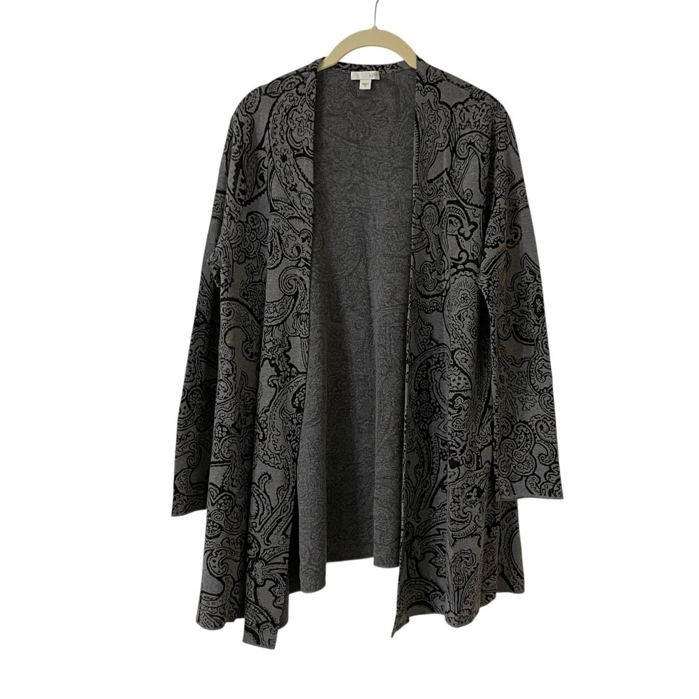 J Jill Gray Black Paisley Cardigan Small Open Front Long Line Long Sleeves